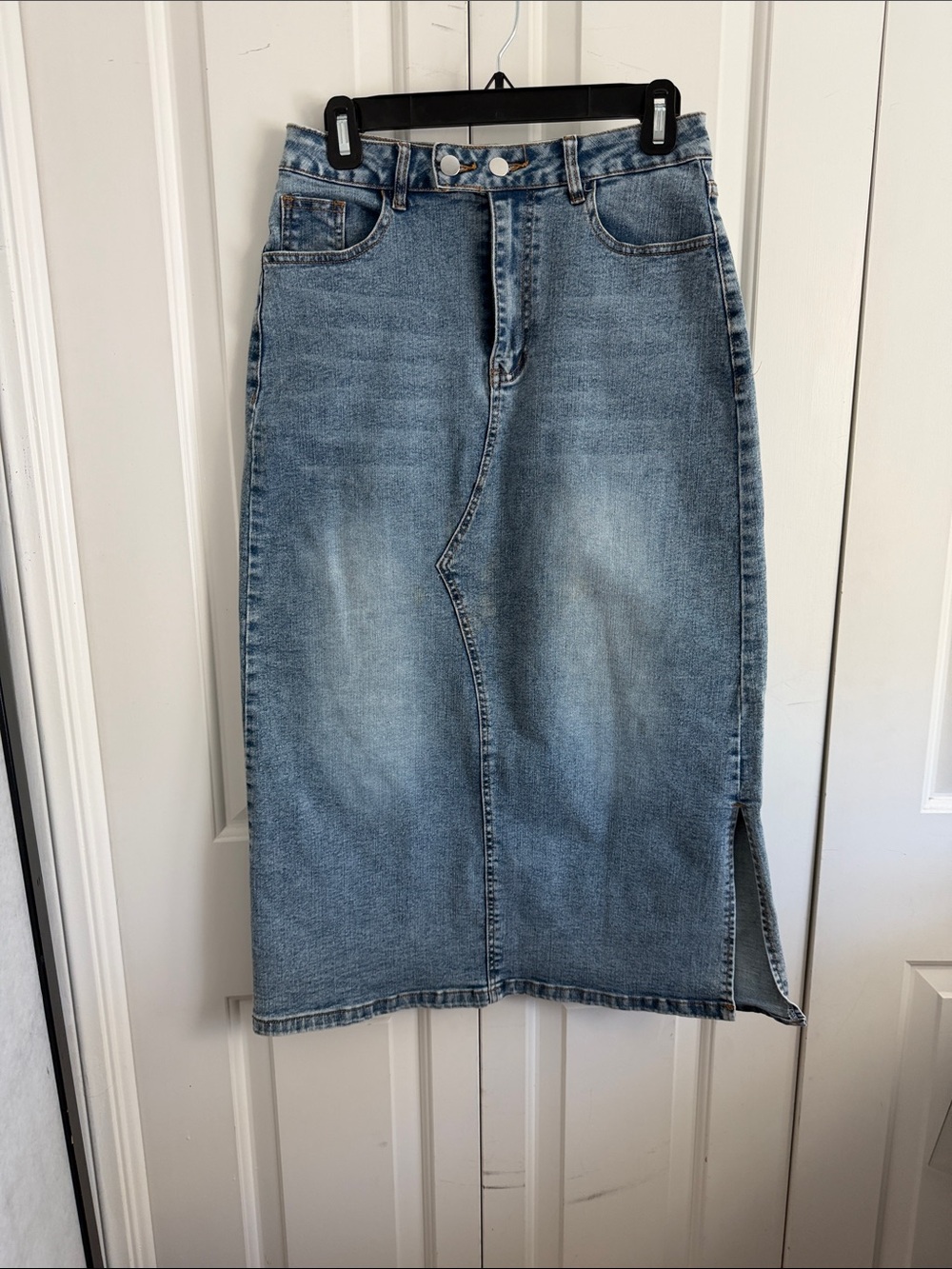 Classic High-Rise Light Blue Denim Midi Skirt
